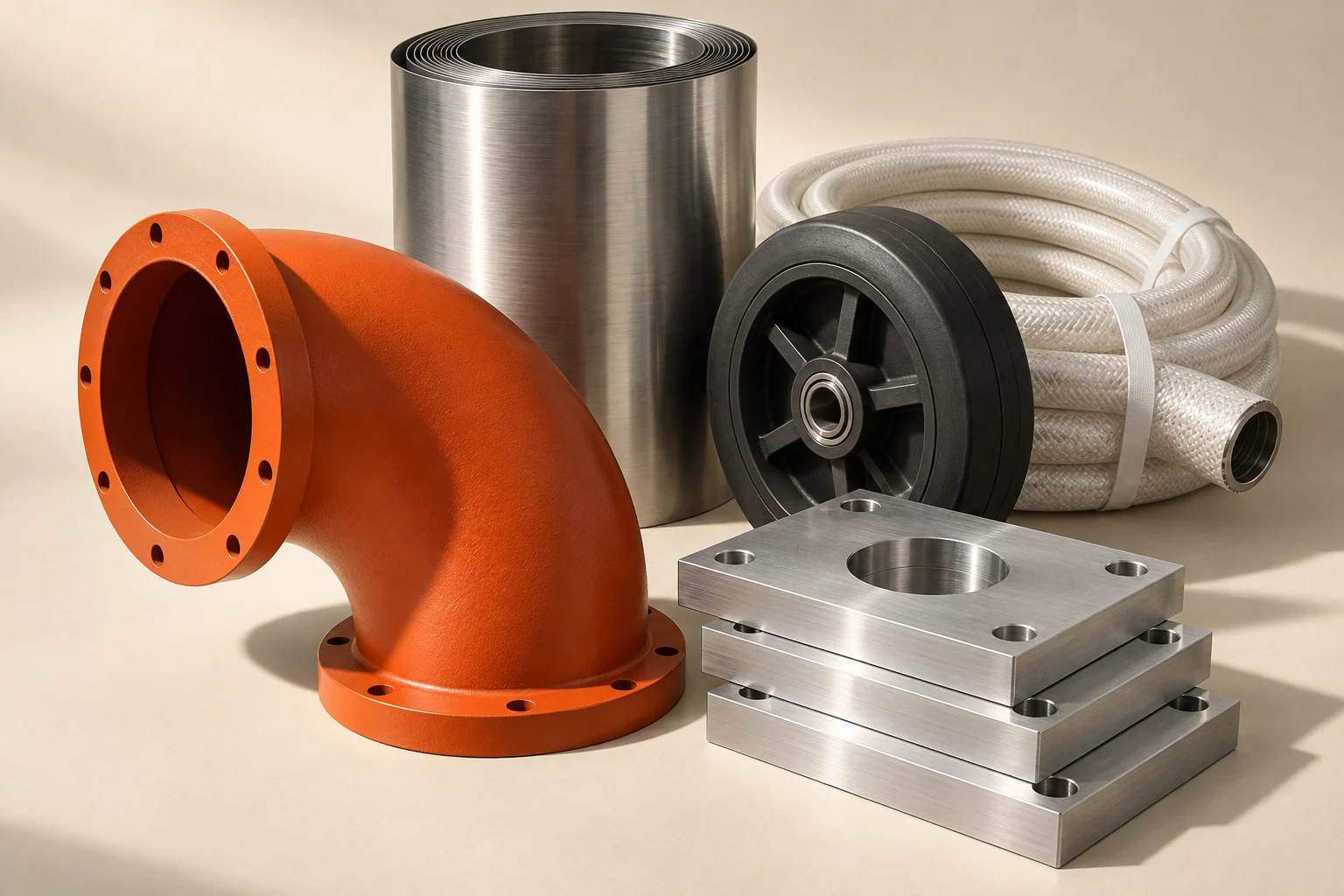 Industrial components in steel, rubber and orange powder-coated metal